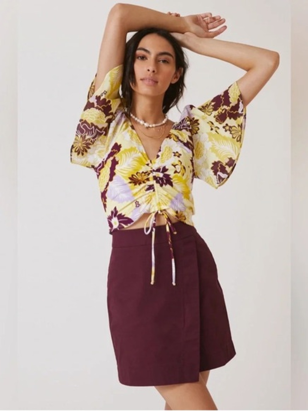 Anthropologie Maeve | Yellow Floral Ruched Drawstring Crop Top